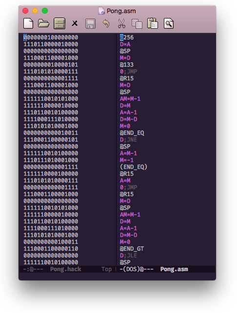 Two files side-by-side; a hack file and the same file after being
converted to assembly