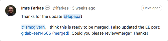 Conversation on GitLab showing my contribution
