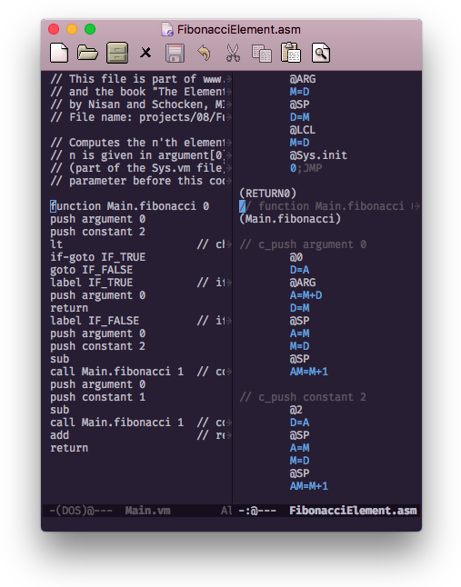 Two files side-by-side: a VM file and the same file after being converted to assembly